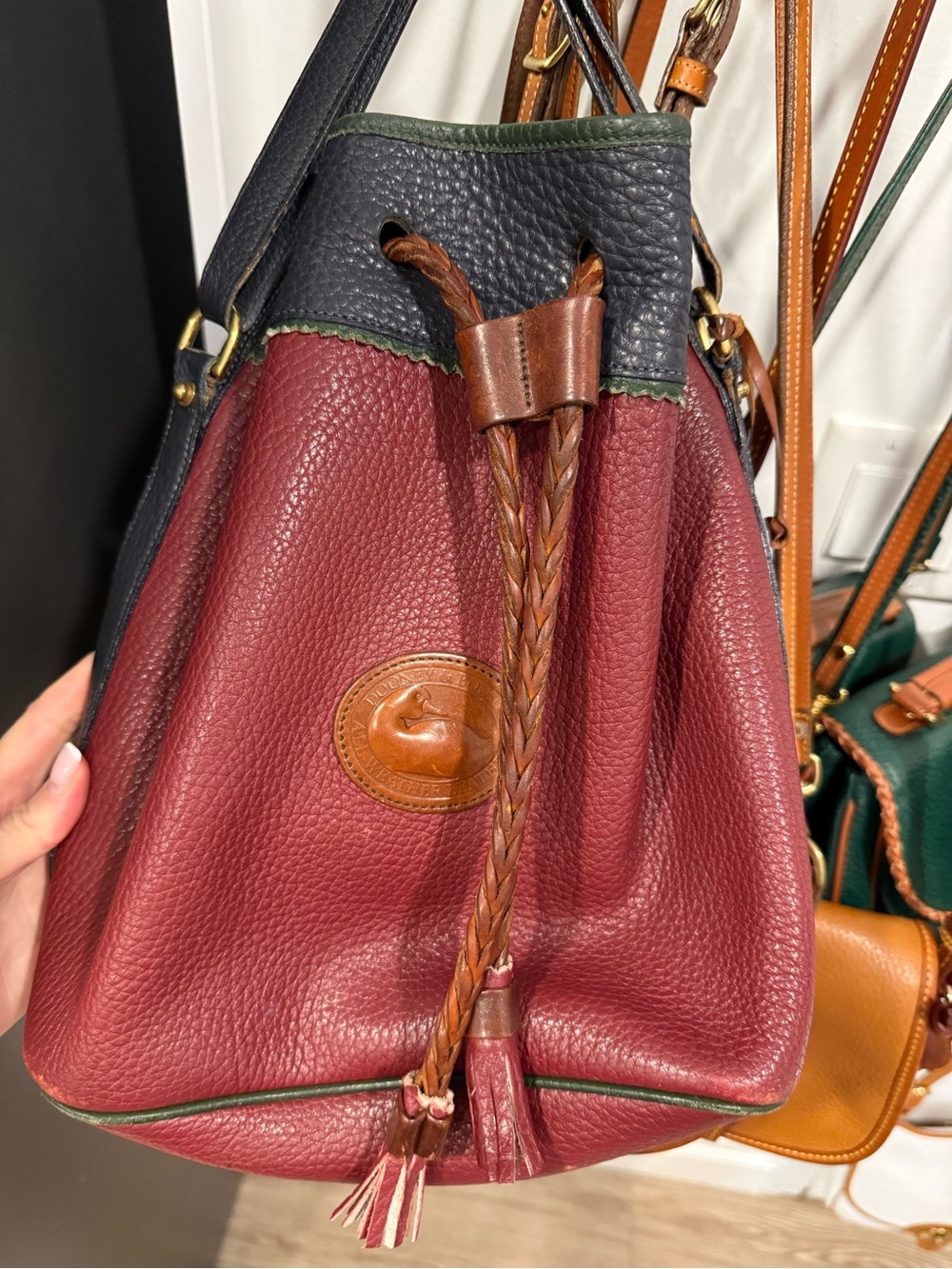Women’s Burgundy Leather Bucket Bag with Braided Drawstring